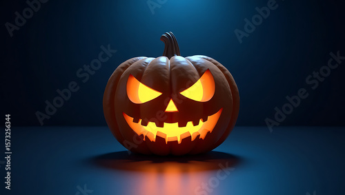 Menacing Halloween Jack-o'-lantern, 3D render, dark blue background, spooky, illuminated.