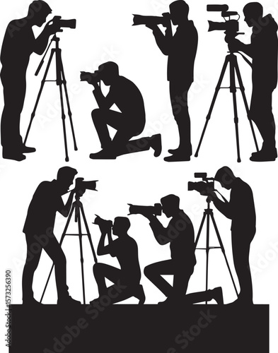 Silhouette of Professional Photographers in Action – Various Poses of Photographers Taking Pictures with Cameras and Tripods, Capturing Moments