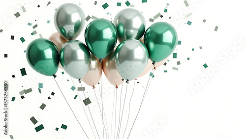 Elegant sage green and silver balloons with confetti; celebratory, festive mood;  joyful, luxurious party image.