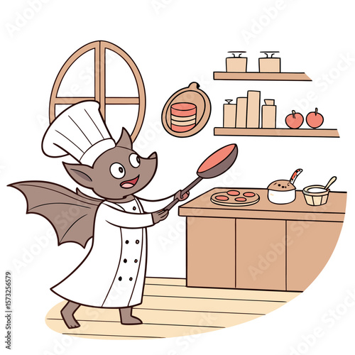 Cartoon bat chef in kitchen flipping pancake near window and shelves with cooking utensils and apples