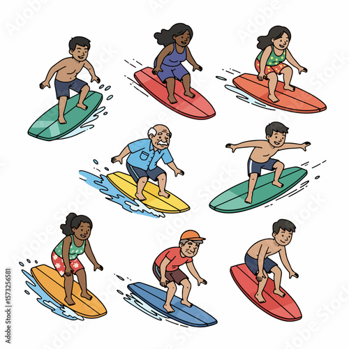People surfing on colorful boards in ocean water