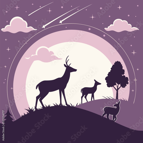 Composition of a circle an with elk staying on the top of the mountain
