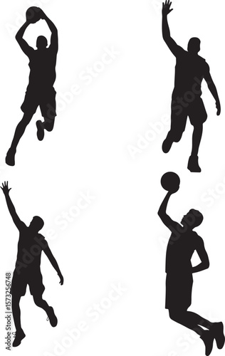 Silhouette of a Basketball Player in Action – Various Poses Featuring Jump Shots, Dribbling, and Slam Dunks on a Basketball Court