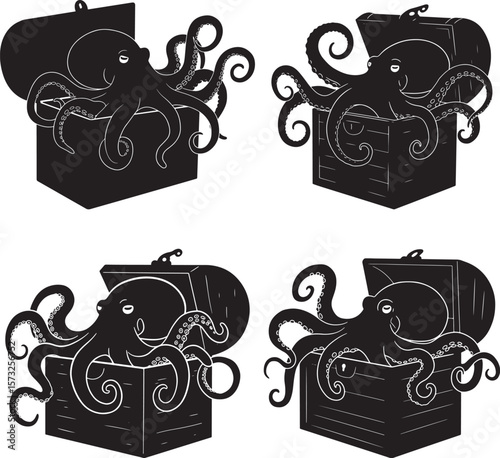 Cartoon Octopus Inside Chest Funny Character silhouette