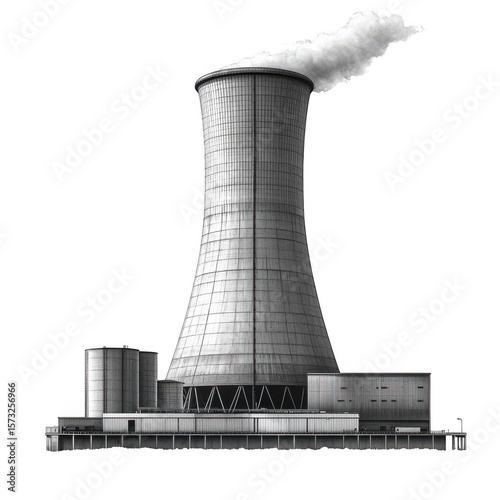 Black and white cooling tower power plant isolated on transparent background
