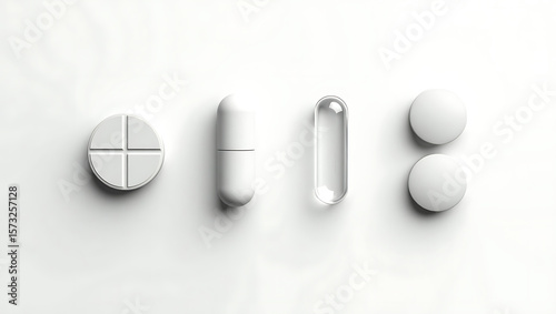 White Pills and Capsules: Minimalist Medical Product Mockup, Clean Studio Shot