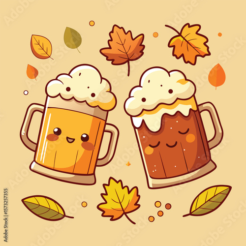 Cute Cartoon Beer Mugs with Autumn Leaves Fall Drinks Illustration