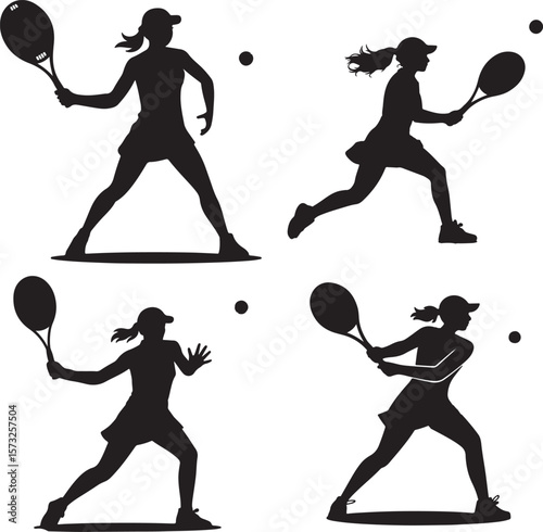 Silhouette of a Female Tennis Player in Action – Collection of Various Tennis Shots Showing Dynamic Movement and Powerful Swings with a Racket