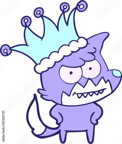 cartoon grinning fox in funny hat in bright neon color