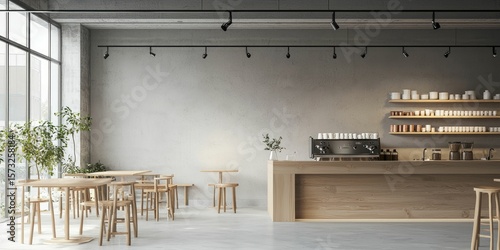 Minimalist Scandinavian coffee shop interior with clean lines, wood, and ceramic cups