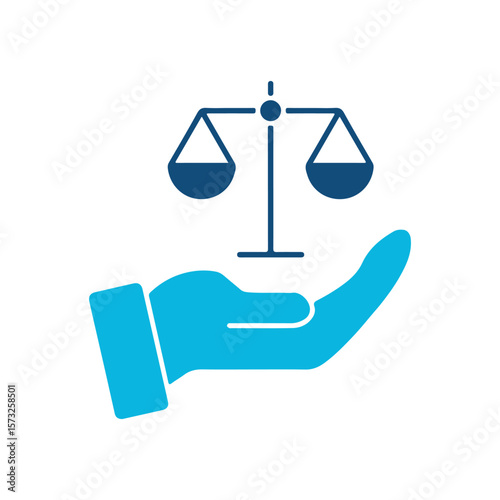 hand holding justice scale icon representing law, legal support, fairness, balance, and responsibility