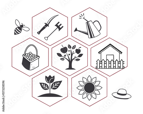 Clean Minimalist Line Art Illustration Gardening Tools, Plants & Harvest 