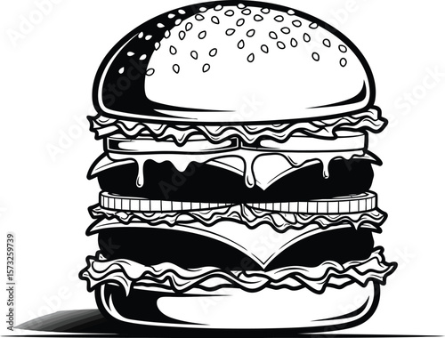 A black and white drawing of a burger with sesame seeds on the top bun