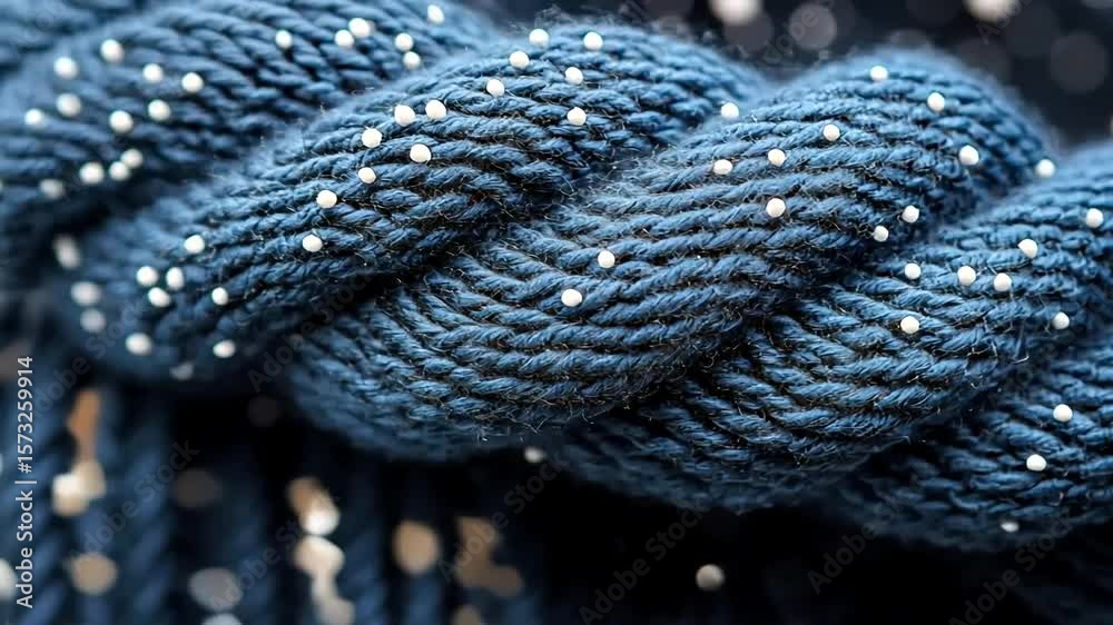 Detailed macro shot of a dark blue braided rope with small white dots pattern texture