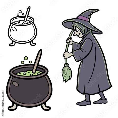 A cartoon witch in a pointed hat and cloak stirs a bubbling cauldron with a broom alongside a line art cauldron and a colored cauldron with green potion and bubbles