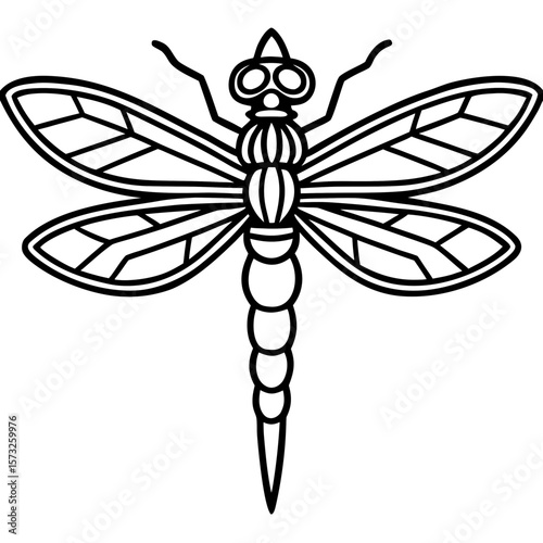 Stylized black and white outline of a dragonfly with detailed wings