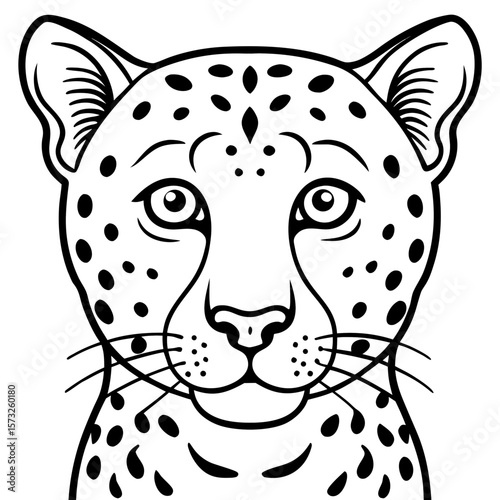 Stylized black and white line art drawing of a cheetah s face