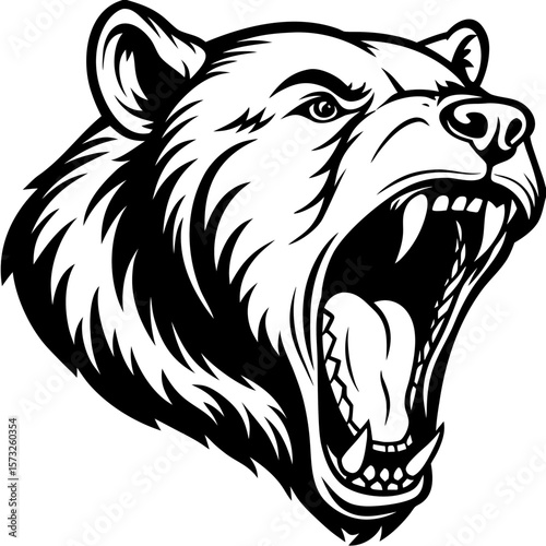 Fierce black and white bear head roaring with sharp teeth and open mouth