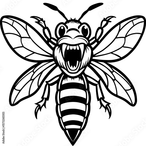 Fierce black and white cartoon wasp with sharp teeth and wings