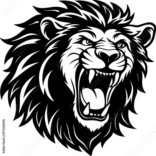 Fierce black and white roaring lion head emblem