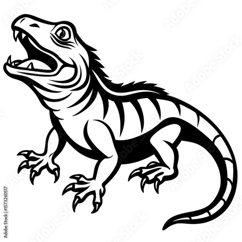 Fierce black and white lizard with open mouth and sharp claws
