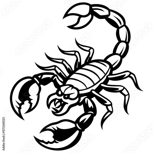Aggressive black and white stylized scorpion illustration ready to strike