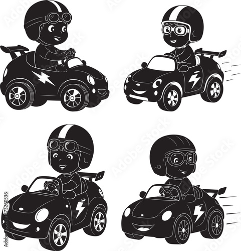 Cute Boy Riding Flashy Car Cartoon Character silhouette