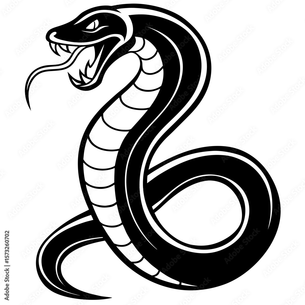 Fototapeta premium Stylized black cobra snake with open mouth and forked tongue