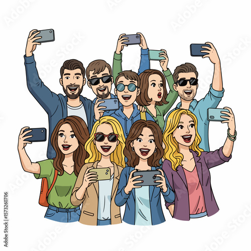 Group of friends taking selfies with smartphones