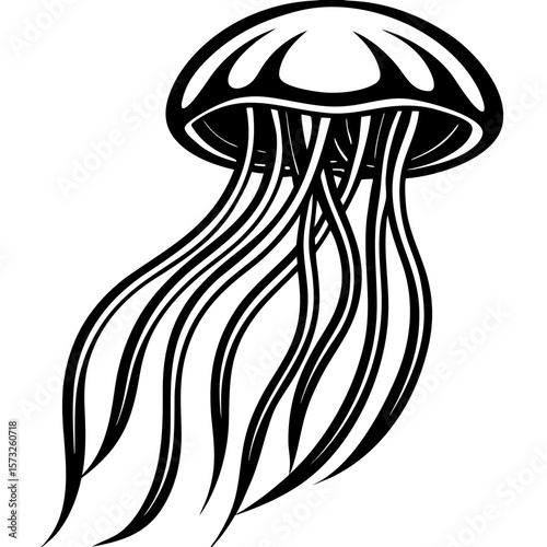 Stylized black and white illustration of a flowing jellyfish