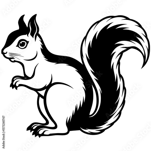 Stylized black and white illustration of a squirrel with a bushy tail