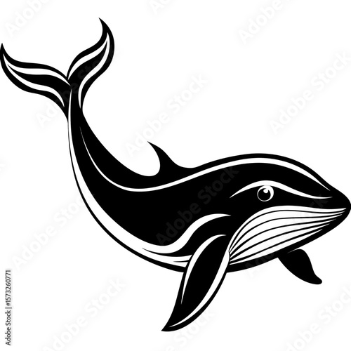 Stylized black and white whale illustration with flowing lines