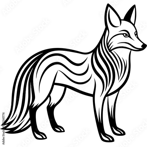 Stylized black and white fox with flowing lines and bushy tail