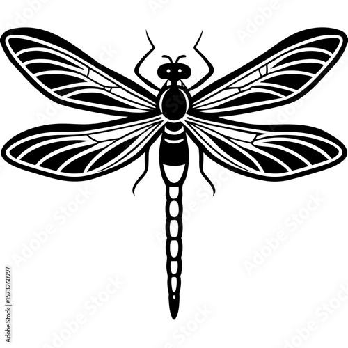 Stylized black and white dragonfly silhouette with intricate wing patterns