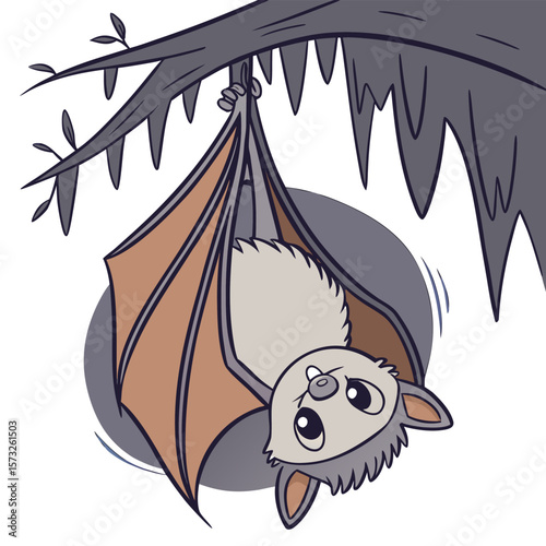 Cartoon bat hanging upside down from a tree branch with leaves in a whimsical illustration style