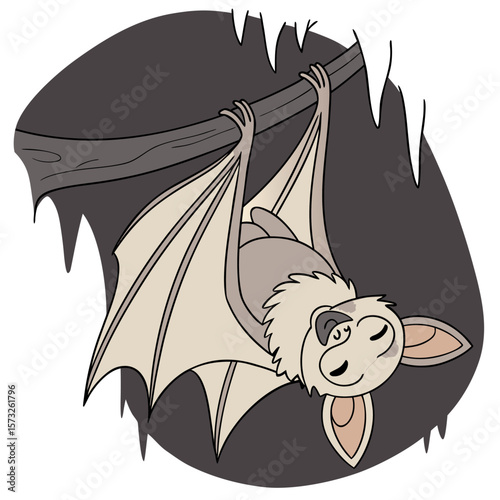 A cartoon bat hanging upside down from a branch inside a cave with stalactites and a gray background