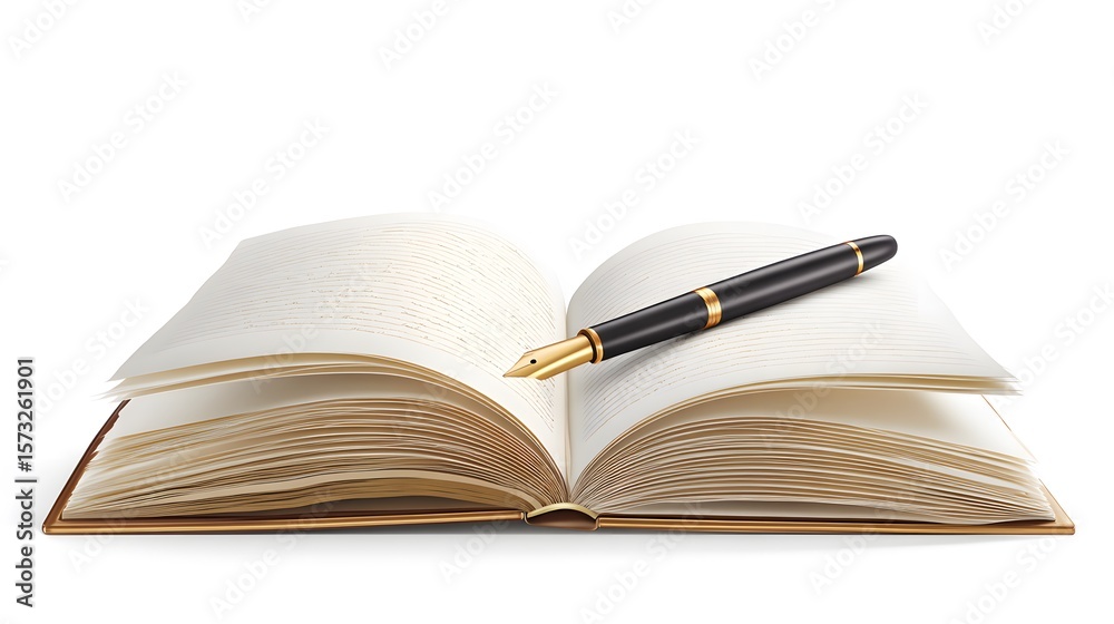 Naklejka premium An open book with a pen placed on top of its pages. A symbol of knowledge, learning, and the art of writing. The pen rests elegantly on the open pages, inviting exploration