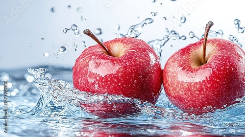   Two red apples float in the water with splashes on top and bottom