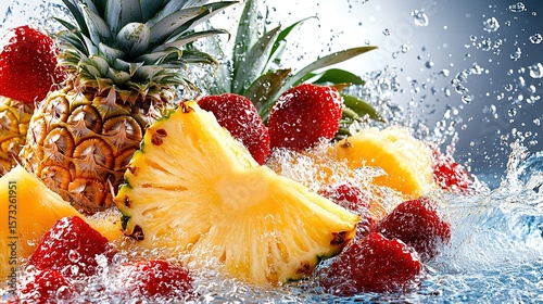   A splash of water, with a pineapple, strawberries, and raspberries Blue background