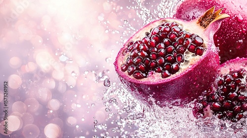   A pair of pomegranates resting atop a table, surrounded by droplets of water