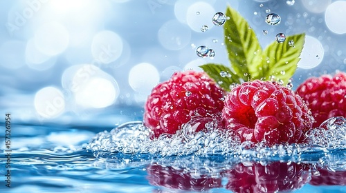   A cluster of raspberries bobbing atop a water surface, crowned by a lush green leaf