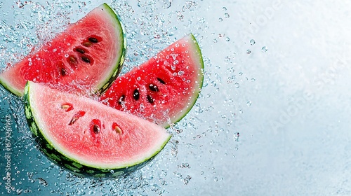   Watermelon slices floating in blue water with bubbles