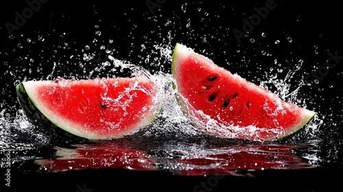   Watermelon slice splashes into dark water background