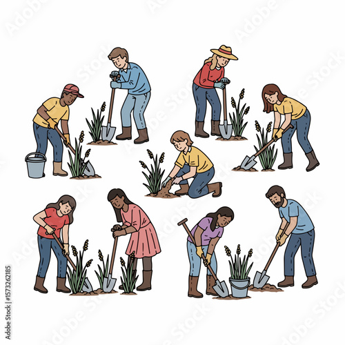 People gardening with shovels and plants in a field