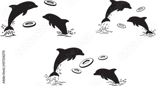 Cute Dolphins Playing With Floating Rings Cartoon silhouette