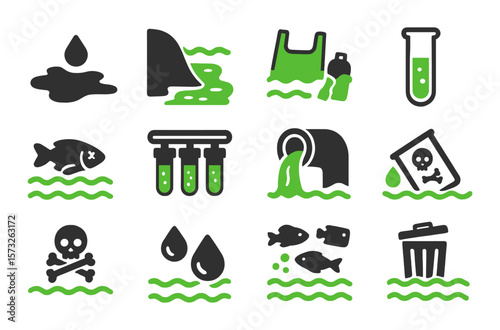 Set of colorful icons showing different types of water pollution, including oil spills, dead fish, chemical waste, and plastic debris, with green accents.