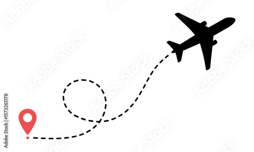 Minimal flat icon showing a black airplane with dashed flight path leading to a red location pin, representing travel or tourism route.