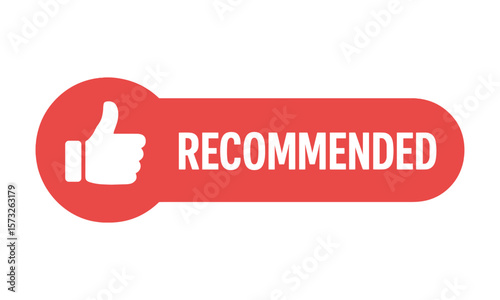 Red badge icon with thumbs up and Recommended text in bold white letters, flat style design for reviews, product ratings, and approvals.