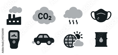 Flat design icons representing air pollution, CO2 emissions, gas masks, climate change, and fossil fuel use, in monochrome with gray tones