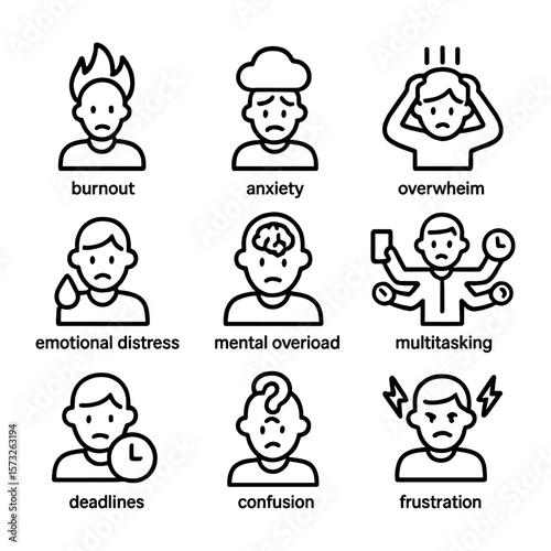 Line icons illustrating symptoms of stress and mental overload including burnout, anxiety, confusion, frustration, and multitasking.